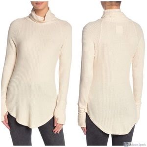 Chaser Waffle Knit Sweater Turtleneck Medium Tunic Long Sleeve Top Beige Tan